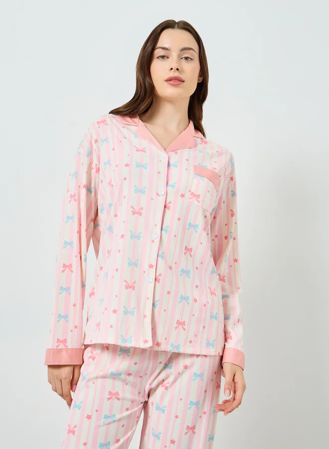 Styli Women Bow Print Shirt and Pyjama Set